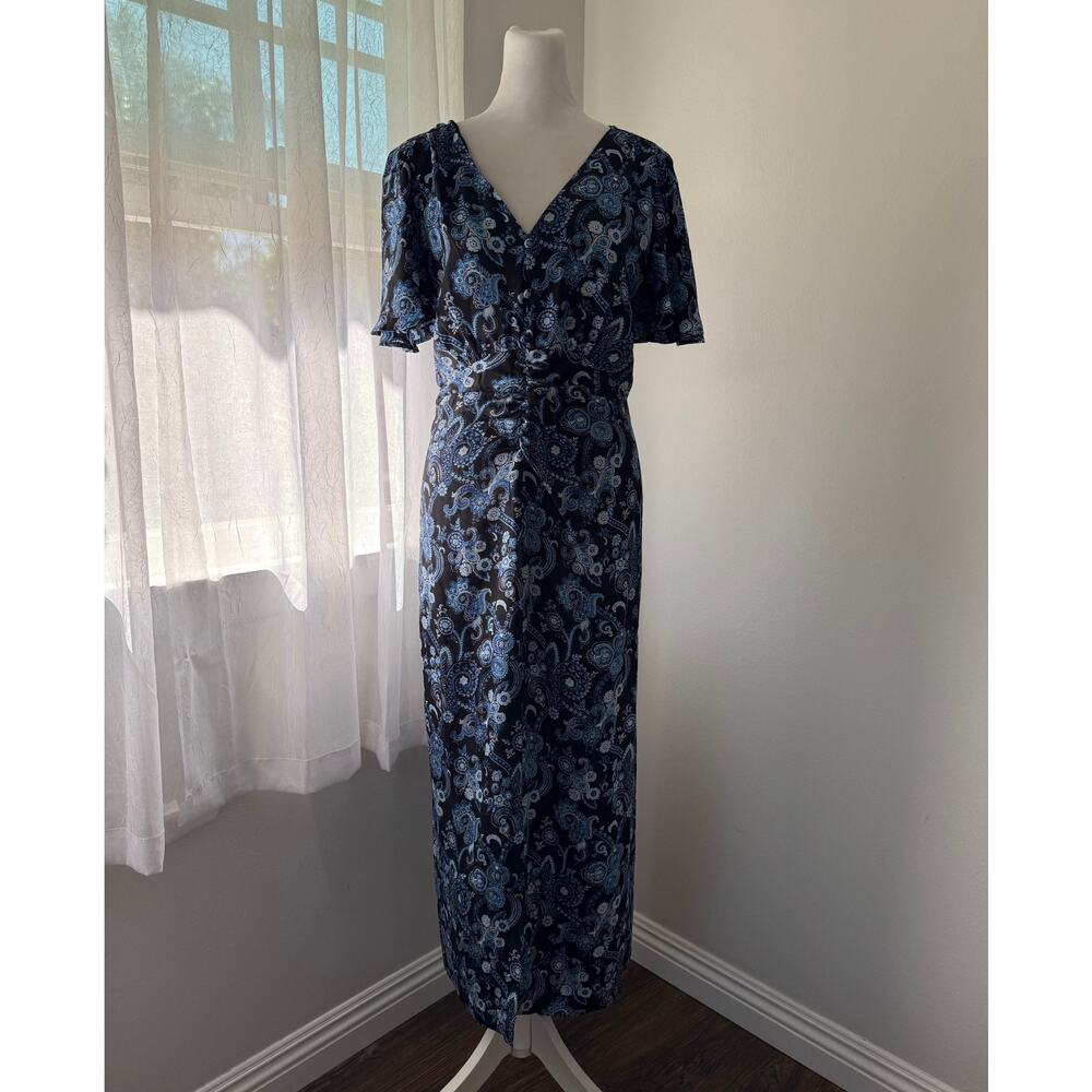 Jones New York Blue & Black V-Neck Short Sleeve Maxi Dress
